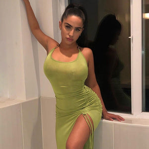 Drawstring Women&#39;s Dress Summer Sleeveless Draped Skinny Sexy Midi Dresses Solid Backless Thigh Slit Party Dress Women Robe