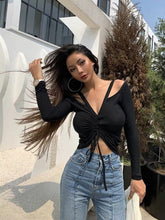 Load image into Gallery viewer, Drawstring off shoulder top women sexy show chest big nightclub suspender top long sleeve machine-made bottoming top autumn