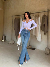 Load image into Gallery viewer, Drawstring off shoulder top women sexy show chest big nightclub suspender top long sleeve machine-made bottoming top autumn