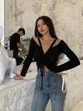 Load image into Gallery viewer, Drawstring off shoulder top women sexy show chest big nightclub suspender top long sleeve machine-made bottoming top autumn