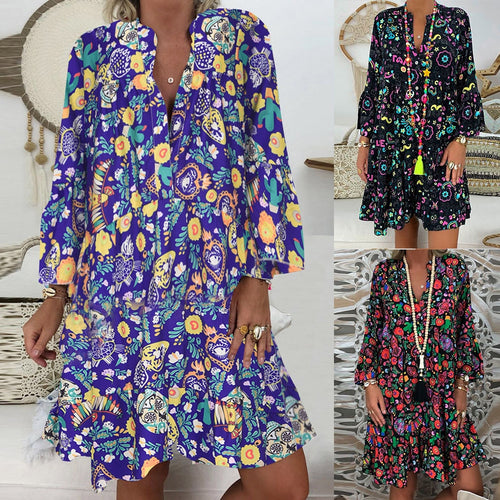 Dress 2021 Fashion High Quality vestido Women's  Plus Size Loose Print Long Sleeve V-Collar Button Mini Dresses платье 2021