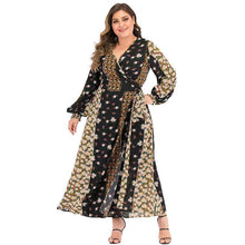 Load image into Gallery viewer, Dress Abaya Kaftan Women Large Size Lantern Sleeves Long Sleeves Printed Lace Stitching V-neck A-line Skirt Muslim Xl-5xl