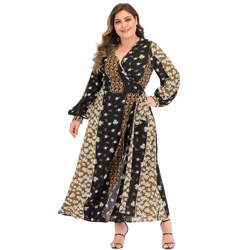 Dress Abaya Kaftan Women Large Size Lantern Sleeves Long Sleeves Printed Lace Stitching V-neck A-line Skirt Muslim Xl-5xl