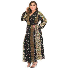 Load image into Gallery viewer, Dress Abaya Kaftan Women Large Size Lantern Sleeves Long Sleeves Printed Lace Stitching V-neck A-line Skirt Muslim Xl-5xl