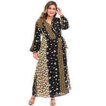 Load image into Gallery viewer, Dress Abaya Kaftan Women Large Size Lantern Sleeves Long Sleeves Printed Lace Stitching V-neck A-line Skirt Muslim Xl-5xl