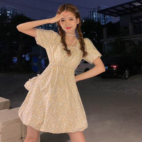 Dress Female Summer 2021 New Small Fresh and Sweet Square Neck Short-sleeved Waist Dress Fairy Dress