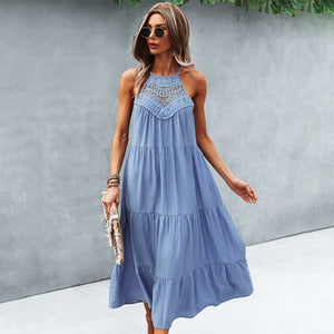 Dress For Woman Summer Maxi Dress Fashion Lace Hollow Sleeveless Halter Neck Midi Dress Casual Loose Beach Sundress Robe Femme