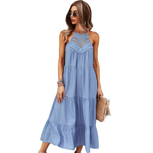 Dress For Woman Summer Maxi Dress Fashion Lace Hollow Sleeveless Halter Neck Midi Dress Casual Loose Beach Sundress Robe Femme