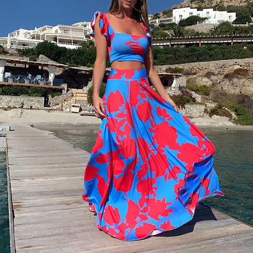 Dress Suit 2021 New Women Skirt Crop Top Set Contrast Color Printed Ruffles Sleeveless  High Waist Skirt Summer Beach Fashion