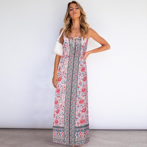 Dress Woman 2021 Summer New Retro Temperament Floral Dress Ladies Big Size Sexy Slim Bohemian Halter Belt Long Dress