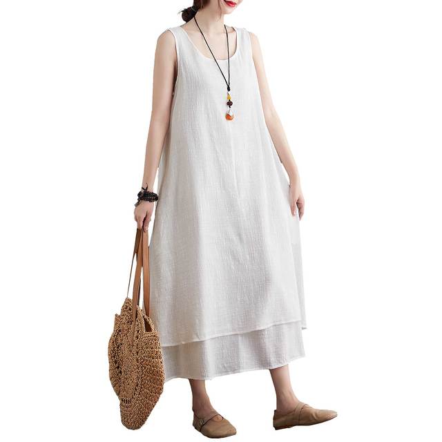 Dress Women Elegant Vintage Fashion Dress Cotton Linen Dress Solid Sleeveless Pocket Loose Casual 2021 Summer Vestido White