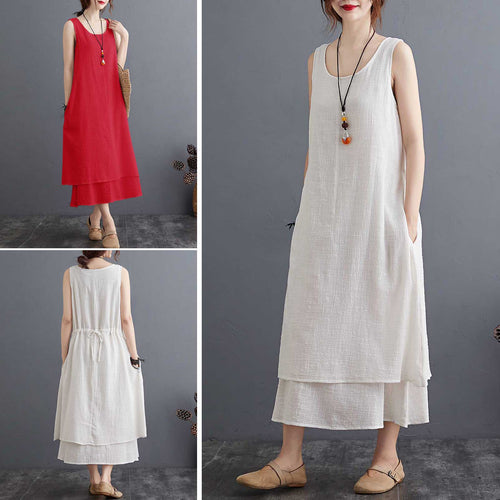 Dress Women Elegant Vintage Fashion Dress Cotton Linen Dress Solid Sleeveless Pocket Loose Casual 2021 Summer Vestido White