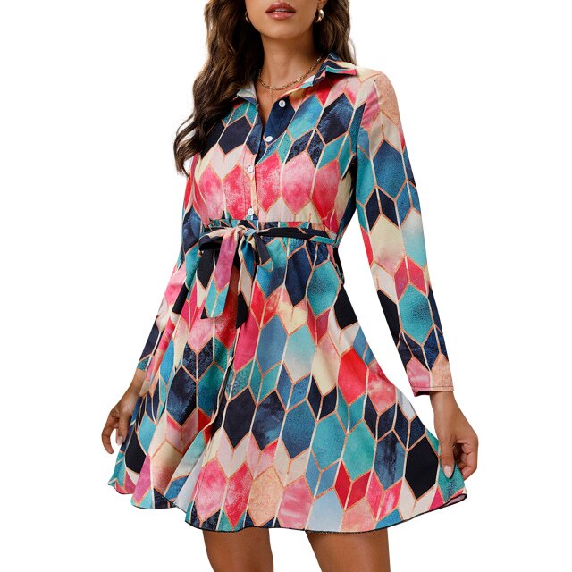 Dress for Women 2021 Summer Beach Bohoo Printed Mini Dress Tie Waist Turn-down Collar Long Sleeve Short Dresses Femme