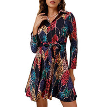 Load image into Gallery viewer, Dress for Women 2021 Summer Beach Bohoo Printed Mini Dress Tie Waist Turn-down Collar Long Sleeve Short Dresses Femme