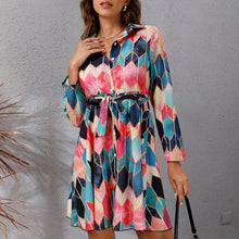 Load image into Gallery viewer, Dress for Women 2021 Summer Beach Bohoo Printed Mini Dress Tie Waist Turn-down Collar Long Sleeve Short Dresses Femme