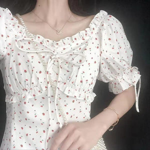 Dress for women Summer Round Neck Women Blouse Puff Sleeve Tops Short Sleeve Shirt Suspender Floral Dress Women Floral suspender