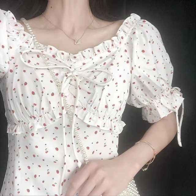 Dress for women Summer Round Neck Women Blouse Puff Sleeve Tops Short Sleeve Shirt Suspender Floral Dress Women Floral suspender