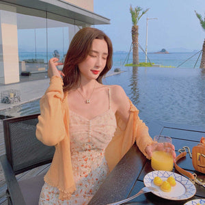 Dress for women Summer Round Neck Women Blouse Puff Sleeve Tops Short Sleeve Shirt Suspender Floral Dress Women Floral suspender