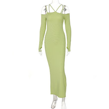 Load image into Gallery viewer, Dresses Off Shoulder Long Sleeve Rib Knit Long Dress Women 2021 Slim Green High Split Bodycon Maxi Dress Vintage Party Vestidos