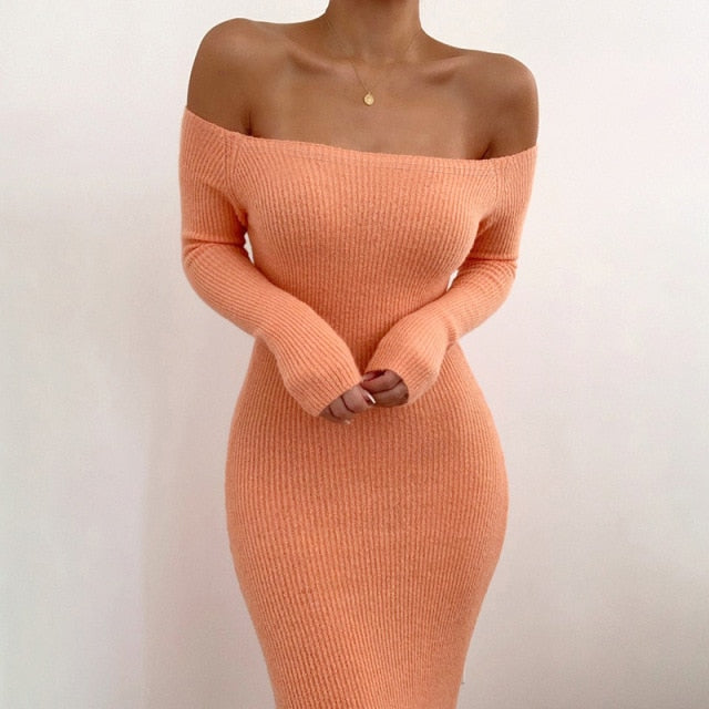 Dresses for Women One Shoulder Long Sleeves Ribbing High Waist Solid Long Dresses Women Female Clothing Fashion Autumn Vestidos