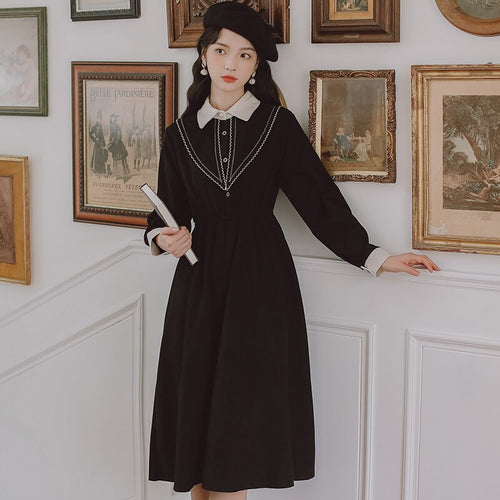 Dresses for women 2021 Black Long Sleeve Literary Vintage Dress Fall Women's Clothing Pure Color Casual Midi Dress Autumn