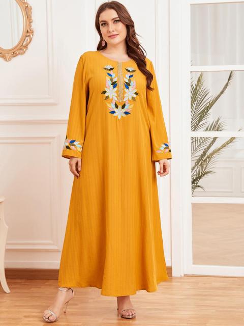 Dubai Abaya Oversized Women's Embroidered Long Sleeve Pleated Ethnic Yellow Printed Casual Round Neck Muslim Long Skirt