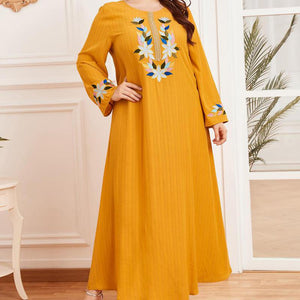 Dubai Abaya Oversized Women's Embroidered Long Sleeve Pleated Ethnic Yellow Printed Casual Round Neck Muslim Long Skirt