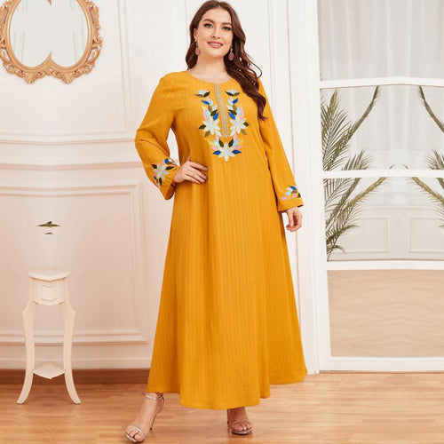 Dubai Abaya Oversized Women's Embroidered Long Sleeve Pleated Ethnic Yellow Printed Casual Round Neck Muslim Long Skirt
