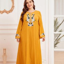 Load image into Gallery viewer, Dubai Abaya Oversized Women&#39;s Embroidered Long Sleeve Pleated Ethnic Yellow Printed Casual Round Neck Muslim Long Skirt