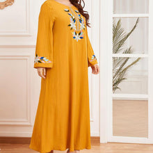 Load image into Gallery viewer, Dubai Abaya Oversized Women&#39;s Embroidered Long Sleeve Pleated Ethnic Yellow Printed Casual Round Neck Muslim Long Skirt