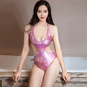 Elastic High Cut Deep V Bathing Suits Backless Leotard Shiny PVC Oil Glossy Bodysuit Metallic Luster PU Leather Sexy Body Suits