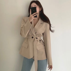 Elegant Belt Slim Waist Notched Collar Blazer Women Loose Office Ladies Korean Chic Suit Coat Women All Match Casual Jacket