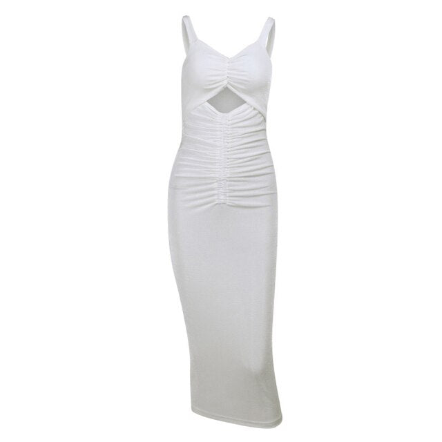 Elegant Bodycon Sexy Dress Women White Y2K Summer Hollow Out Sleeveless Spaghetti Strap Party Bandage Midi Dresses 2021