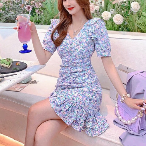 Elegant Chiffon Summer Dresses Women Vintage Casual Korean Slim Floral Dresses Female V-neck Boho Holiday Beach Dresses 2021