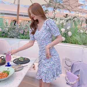 Elegant Chiffon Summer Dresses Women Vintage Casual Korean Slim Floral Dresses Female V-neck Boho Holiday Beach Dresses 2021