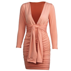Elegant Deep V-Neck Sexy Autumn Dress Women 2021 Long Sleeve Pleated Bodycon Party Night Club Dress Short Casual Dress Vestidos