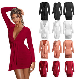 Elegant Deep V-Neck Sexy Autumn Dress Women 2021 Long Sleeve Pleated Bodycon Party Night Club Dress Short Casual Dress Vestidos