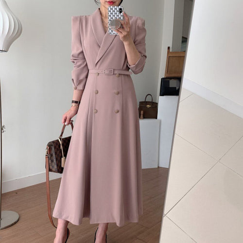 Elegant Double Breasted Lapel Women Party Dress 2021 New Fashion Office OL Long Sleeve Belted Slim Waist Female Dress Vestidos