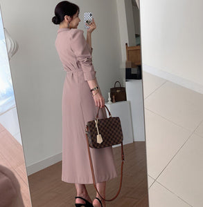 Elegant Double Breasted Lapel Women Party Dress 2021 New Fashion Office OL Long Sleeve Belted Slim Waist Female Dress Vestidos