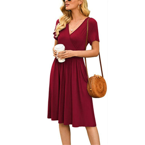 Elegant Dress Women Casual Comfy Sexy Solid Color V-Neck Pocketed Short Sleeve Bodycon Dress 2021 Fashion Midi Dresses