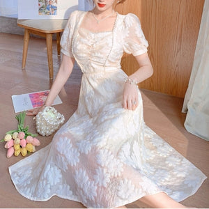 Elegant Fairy Dresses Women French Vintage Floral Princess Midi Dress Female Casual Kawaii Short Sleeve Party Dress Summer 2021