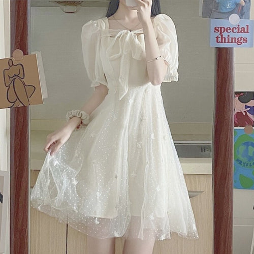 Elegant Fairy Mini Dresses Women 2021 Puff Sleeve French Casual Kawaii Dress Patchwork Lace-up Sweet Cute Korean Beach Sundress