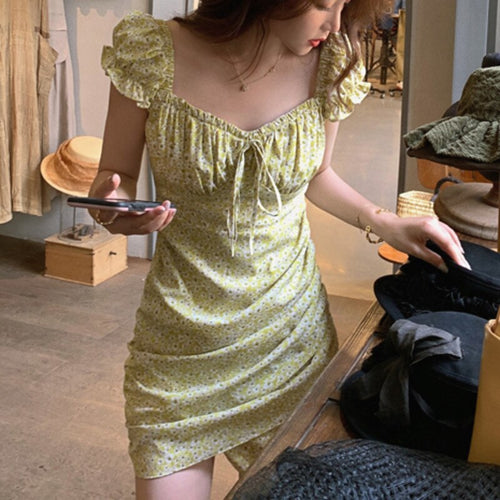 Elegant Fashion Sweet Floral Print Chic Dress Women Ruffle Puff Sleeve Sexy Square Collar Summer High Waist Mini Dresses Robe