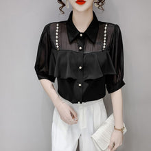 Load image into Gallery viewer, Elegant Fashion Women Shirt Pearl Chain Ruffles Ladies Chiffon Shirts Half Sleeve Single Breasted Summer Korean Sweet Female Top