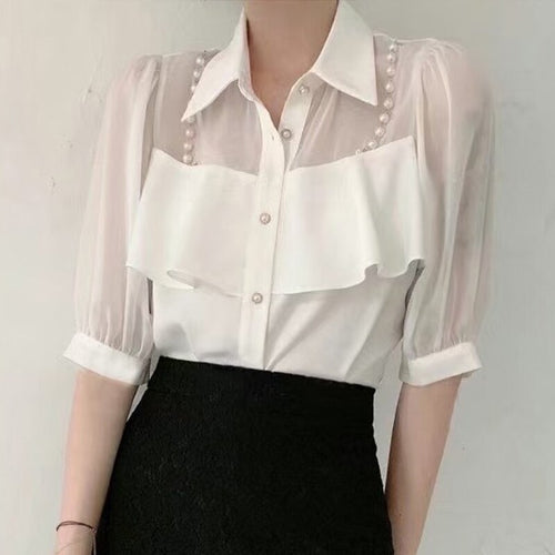 Elegant Fashion Women Shirt Pearl Chain Ruffles Ladies Chiffon Shirts Half Sleeve Single Breasted Summer Korean Sweet Female Top