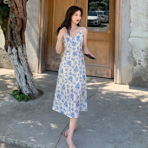 Elegant Floral Dress Women Korean V-Neck Summer French Retro Backless Strap Dress 2021 Beach Casual Y2k Party Fairy Midi Dress