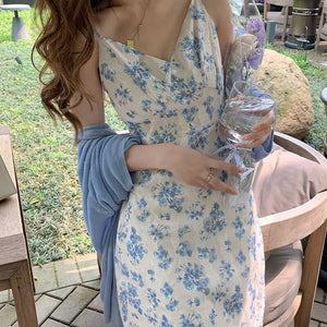 Elegant Floral Dress Women Korean V-Neck Summer French Retro Backless Strap Dress 2021 Beach Casual Y2k Party Fairy Midi Dress