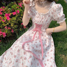 Load image into Gallery viewer, Elegant Floral Dress Women Lace Up Korean Princess Fairy Sweet Midi Dress Bandage Chic Designer Puff Sleeve Casual Dress Summer