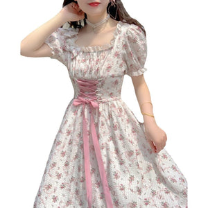 Elegant Floral Dress Women Lace Up Korean Princess Fairy Sweet Midi Dress Bandage Chic Designer Puff Sleeve Casual Dress Summer