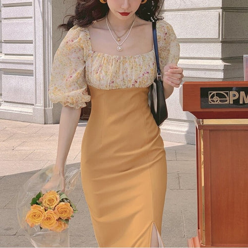 Elegant Floral Dress Women Summer 2021 Print Bodycon Sexy Split Party Midi Dress Puff Sleeve Pretty Vintage Fishtail Dress Boho